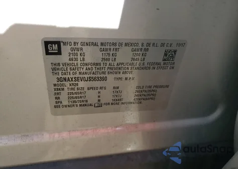 2018 Chevrolet Equinox Lt из США, поврежденный, VIN 3GNAXSEV0JS563390